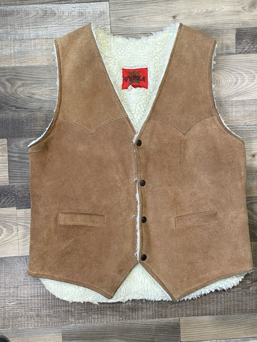 Vintage PYPSA Genuine Leather Sherpa Lined Western Vest Men’s Size 42 Brown VTG